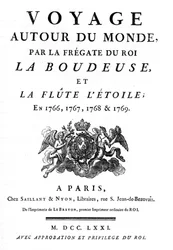 Frontespizio del 1771 del libro "Viaggio intorno al mondo per la fregata del re La Boudeuse e il flauto L