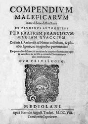 Frontespizio di Compendium Maleficarum, tratta di streghe, i loro mali e i loro sortilegi di Francesco Maria Guazzo o Guaccio o Guaccius (15?? -16??) 1608