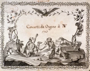 Frontespizio di una partitura musicale con rappresentazione di animali che suonano strumenti musicali (1783)