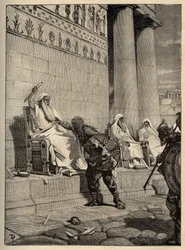 Il capo gallico Brenno (Brennos) torna nella capitale romana nel 390 a.C. - I Galli a Roma - Sacco di Roma - incisione 1890