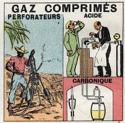 Pressione del gas: pentole a gas utilizzate per trapani ad aria compressa e nella produzione di birra. Illustrazione anonima del 1925. Collezione privata.