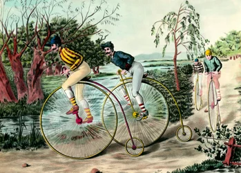 Storia della bicicletta: corsa di grand bi (grand bi). Incisione del XX secolo. Collezione privata