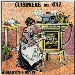 Riscaldamento domestico: stufa a gas Arthur Martin. Illustrazione anonima del 1925. Collezione privata.