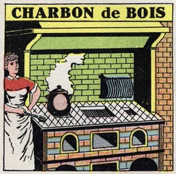 Riscaldamento domestico: utilizzo del carbone in una stufa. Illustrazione anonima del 1925. Collezione privata.