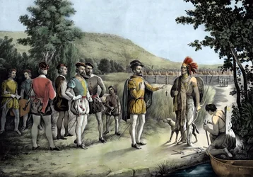Jacques Cartier, il suo primo incontro con gli indiani a Hochelaga ora Montreal nel 1535