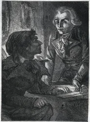 Jean-Paul Marat (1743-1793) con Maximilien Robespierre (1758-1794). Incisione del 1866 in “Histoire de la Revolution francaise” di Adolphe Thiers. Collezione privata.