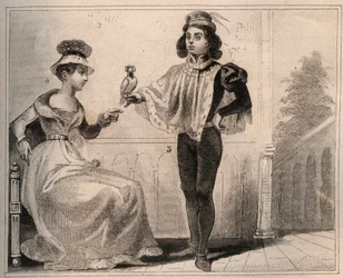 Giovanni II di Valois, Duca di Alençon (1409-1476) con Maria de Fayel. Incisione del 1859 in "Le Monde. Storia di tutti i popoli dai tempi più remoti ai giorni nostri" di M. E. de Lostalot-Bachoue. Collezione privata.