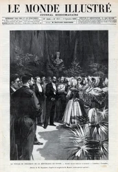 Viaggio di Sadi Carnot (1837-1894) in Savoia: il Presidente della Repubblica è accolto a Chambery da giovani ragazze che gli offrono un mazzo di fiori. Incisione in "Le monde illustree" del 1892. Collezione privata