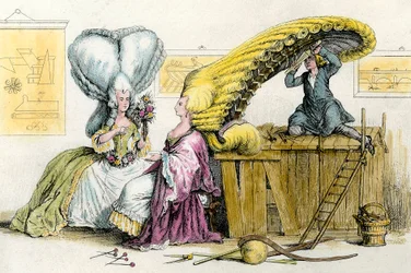 Grandi acconciature eccentriche: giovani donne della nobiltà acconciate con una parrucca. Incisione del 1788 Collezione privata