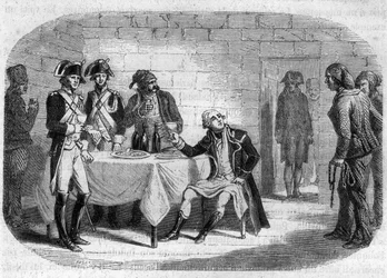 Ultimo momento del Duca Armand Louis de Gontaut de Biron, generale in capo degli eserciti del Reno e del Var; morto nel 1793 - Incisione in "Histoire des Girondins" di Alphonse de Lamartine (1790-1869) 1865-1866. Collezione privata