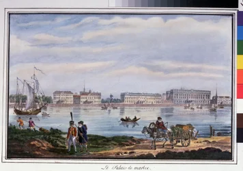 Il palazzo di marmo e il lungoneva a San Pietroburgo. Litografia anonima, colorata ad acquerello, 22 x 32 cm