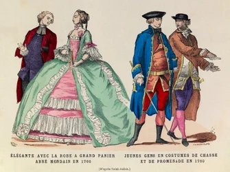 Sinistra: Elegante con abito a grande cesta, abate mondano nel 1760 / Destra: Giovani uomini in abito da caccia e passeggio nel 1760 (regno del re Luigi XV) - collezione privata