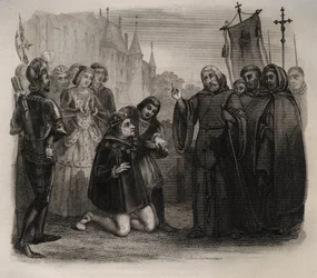 Luigi XI (1423-1483) chiede la sua guarigione a Francesco di Paola (1416-1507). Incisione del 1846 in “Lives of the saints”