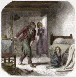 Luigi XVII (1785-1795) al Tempio, con il suo carceriere il calzolaio Antoine Simon - Incisione in "Histoire des Girondins" di Alphonse de Lamartine (1790-1869) 1865-1866 - Collezione privata