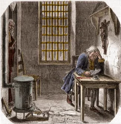 Luigi XVI (1754-93) legge il suo testamento nel Tempio 1792 - Luigi XVI legge il suo testamento nella torre del Tempio il 25 dicembre 1792 - Incisione in "Histoire des Girondins" di Alphonse de Lamartine (1790-1869) 1865-1866 - Collezione privata