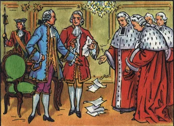 Luigi XV (1710-1774), Re di Francia, abbatte le sentenze del parlamento. Illustrazione anonima in 