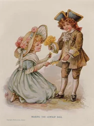 Fare la palla di primula, illustrazione di un libro, inizio XX secolo (litografia a colori)