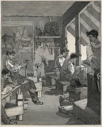 Fabbricazione di pettini in un laboratorio in Francia nel XIX secolo. Incisione del 1885 in "Les arts et métiers illustrés" di Adolphe Bitard