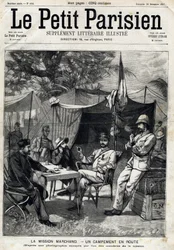 Campo della Missione Marchand: Jean-Baptiste Marchand (1863-1934), il Capitano Baratier alla sua sinistra e il Tenente Victor Emmanuel Largeau (1867-1916) e il Capitano Germain alla sua destra.