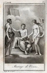Matrimonio tra Marte e Venere. Incisione del 1819 in "Lettres à Emilie sur la mythologie" di Charles Albert Demoustier (1760-1801). Collezione privata