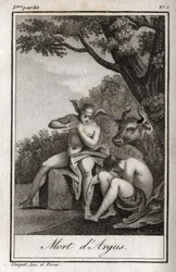 Mercurio e Argo. Morte di Argo: Mercurio suona il flauto per addormentare Argo e liberare la ninfa Io, trasformata in mucca. Incisione del 1819 in "Lettres a Emilie sur la mythologie" di Charles Albert Demoustier (1760-1801)