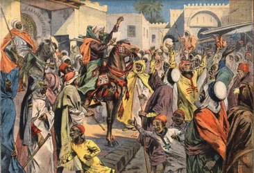 Mouley Hafid (Moulay-Hafid) proclamato Sultano a Fez: i banditori pubblici annunciano la proclamazione alla folla. Incisione dal giornale "Le Petite Parisien", 26/01/1908. Collezione privata.