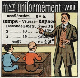 Movimenti: un insegnante insegna le formule del movimento uniformemente variato. Illustrazione anonima del 1925. Collezione privata