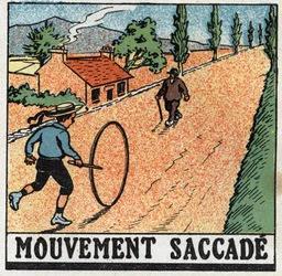 Movimenti: movimento a scatti. Un bambino che gioca con un cerchio. Illustrazione anonima del 1925. Collezione privata