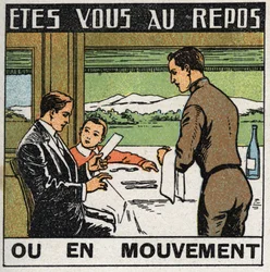 Movimenti: scena nel ristorante di un treno dove i passeggeri non si muovono mentre il treno avanza. Illustrazione anonima del 1925. Collezione privata