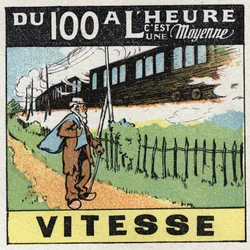 Movimenti: movimento rettilineo uniforme. Un treno in movimento su una ferrovia. Illustrazione anonima del 1925. Collezione privata