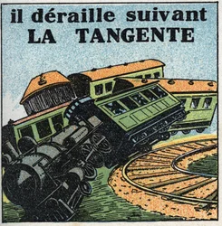 Movimenti: tangente. Deragliamento di un treno. Illustrazione anonima del 1925. Collezione privata.