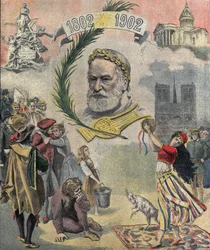Uno di "Le petit journal" rende omaggio al poeta e scrittore francese Victor Hugo (1802-1885) nel centenario della sua nascita. I personaggi dei suoi romanzi sono rappresentati (Esmeralda, Quasimodo, Cosette). 02/03/1902 Collezione privata