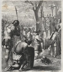 Ottone I, Sacro Romano Imperatore riceve la comunione prima della Battaglia di Lechfeld (955) - incisione del 1864
