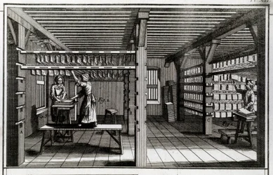 Fabbrica di carta: la fase di essiccazione. Incisione del XVIII secolo. Collezione privata