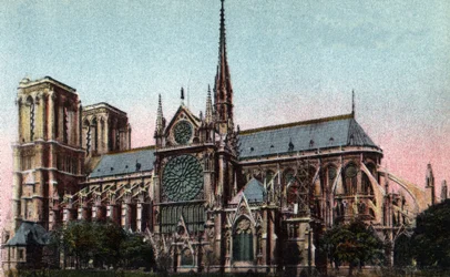 Parigi: vista esterna della Cattedrale di Notre Dame (Notre-Dame), lato sud. Architettura gotica. Fotografia del 1920 in “Artistic Album” della città di Parigi. Collezione privata.