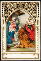 Immagine pia: "Adorazione dei Magi". Carta dentellata. Cromolitografia inizio XX secolo. Collezione privata
