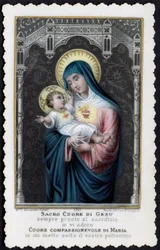 Immagine pia: Gesù bambino tra le braccia di sua madre Maria, con il Sacro Cuore