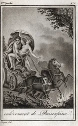 Plutone (Ade) prende Persefone (Proserpina) davanti a sua madre, Cerere (Demetra), e la porta nel regno degli Inferi. Plutone rapisce Persefone nel suo regno, l