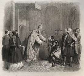 Papa San Pio V (Pio) (1566-1572) riceve il vincitore della Battaglia di Lepanto. Incisione del 1846 in 
