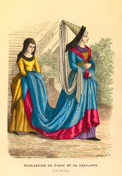 Ritratto e costume di una borghese di Parigi con la sua cameriera nel XV secolo, incisione - collezione privata