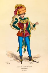 Ritratto e costume di un giovane elegante a Parigi nel 1480, incisione - collezione privata