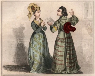Ritratto di Alain Chartier, diplomatico e scrittore francese (1385-1433), con una dama della corte di Carlo VI. Incisione del 1859 in "Le Monde. Storia di tutti i popoli dai tempi più remoti ai giorni nostri" di M. E. de Lostalot Bachoue