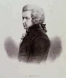 Ritratto del compositore austriaco Wolfgang Amadeus Mozart (1756-1791) Incisione. XIX secolo. Collezione privata milanese