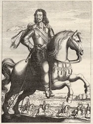 Ritratto di Bernardo di Sassonia-Weimar (1604-1639) con la rappresentazione della cattura di Giovanni di Werth da parte del duca Bernardo e del duca di Rohan. Incisione del XVII secolo. Collezione privata