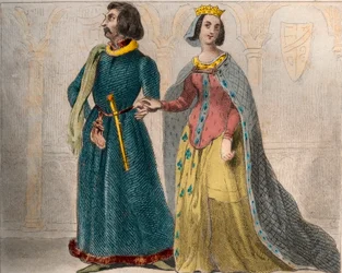 Ritratto di Charlotte de Savoie (1441-1483) Regina di Francia, con Luigi XI di Francia, detto il Prudente (1423-1483). Incisione del 1859 in "Le Monde. Storia di tutti i popoli dai tempi più remoti ai giorni nostri" di M. E. de Lostalot-Bachoue