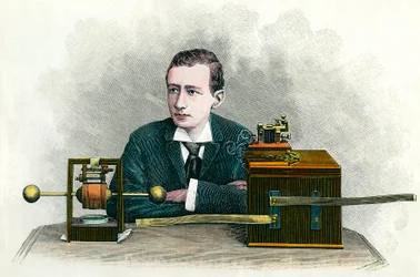 Ritratto di Guglielmo Marconi (1874-1937), fisico italiano, inventore del telegrafo. Incisione intorno al 1900. Collezione privata