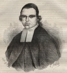 Ritratto di Louis Bonafous, in religione Fratello Léotade, accusato di stupro e omicidio. Morì al bagno penale di Tolone il 27 gen. 1850. Incisione in „Histoire des bagnes depuis leur création à nos jours“ (1877) di Pierre Zaccone (1817-1895) (Colonia