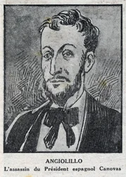 Ritratto di Michele Angiolillo Lombardi, detto Jose Sants o Rinaldini, anarchico italiano (1871-1897), assassino del presidente del Consiglio spagnolo, Antonio Cánovas del Castillo (1828-1897). Incisione in „L