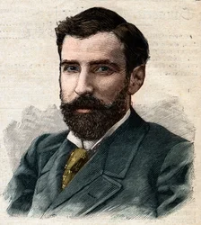 Ritratto di Pietro Paolo Savorgnan di Brazza o Pierre Paul Francois Camille Savorgnan de Brazza in francese, Governatore Generale del Congo Francese. Incisione in "Le Petro Parisien"