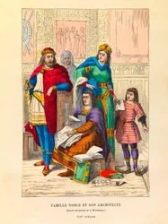 Ritratto di una famiglia nobile con il suo architetto nel VII secolo, incisione - collezione privata